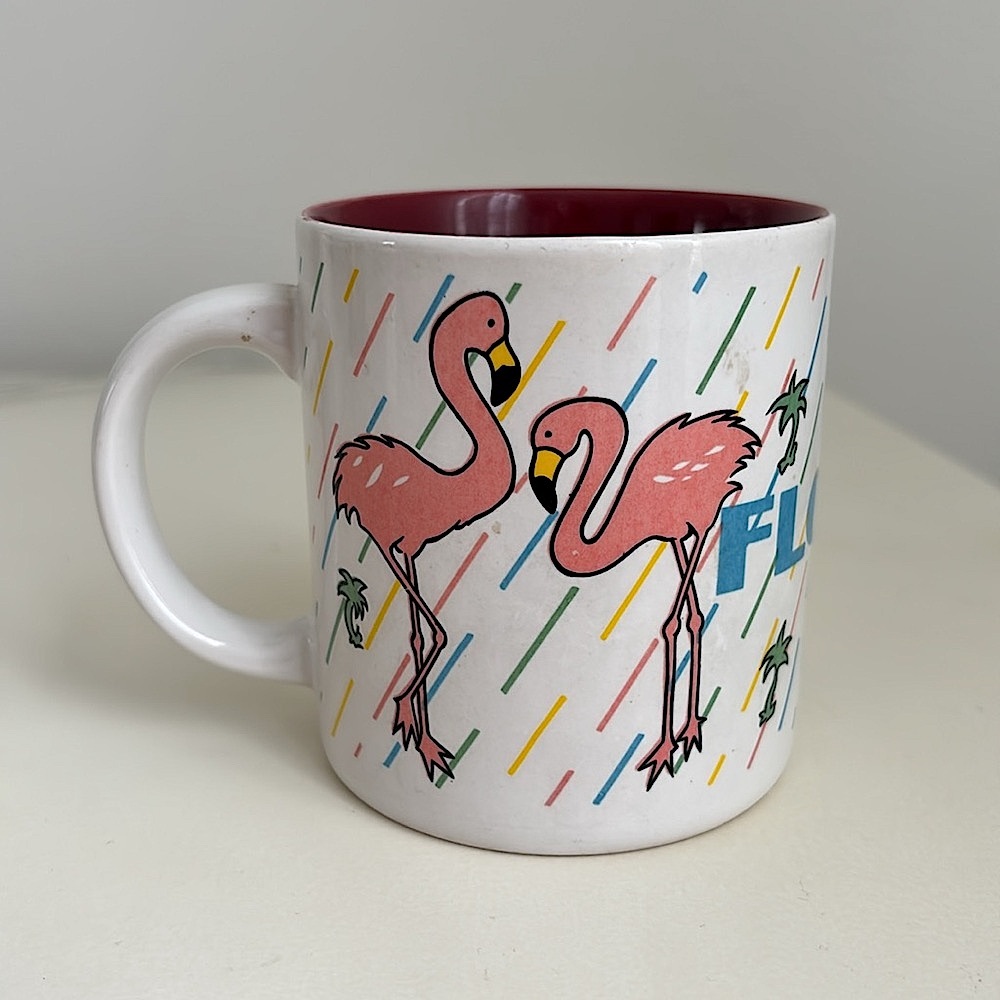Vintage 1980’s Pink Flamingo Florida Ceramic Coffee Mug Cup tropical birds palms